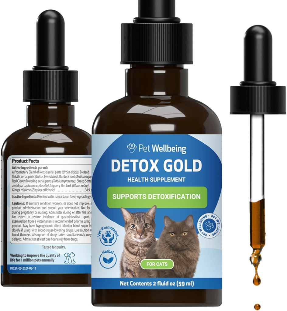 Pet Wellbare Detox Gold katėms - Švelni detoksikacija ir eliminacija Parama, Imuninė sistema Priežiūra, Netlas, Švč. Tistlė, Burdokas Šaknys - Veterinarian- Formuotas augalinis priedas 2 oz (59 ml)