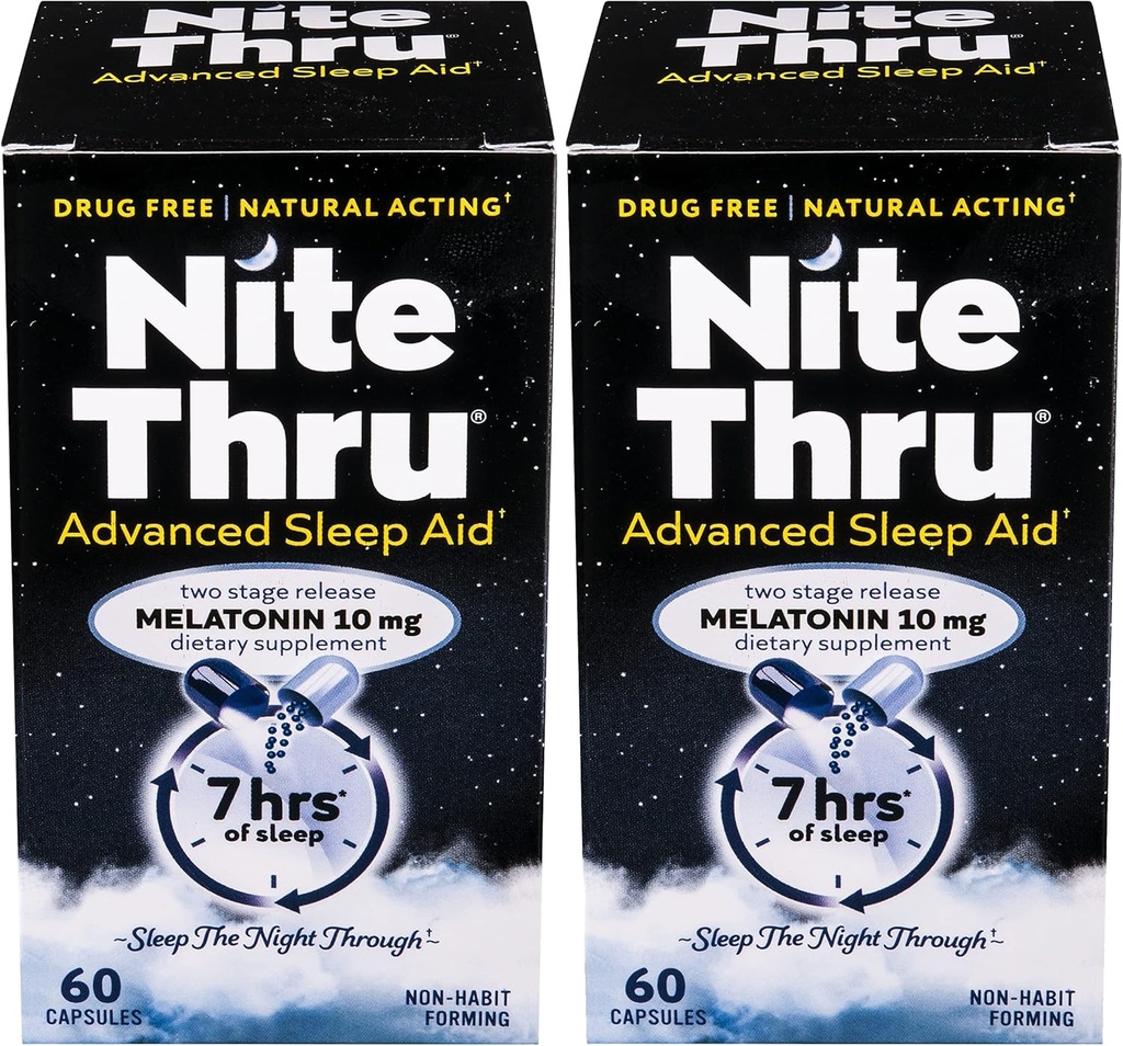 Advanced Sleep Aid Melatonino dietinis priedas, 10 mg kapsulės, 60 skaičius (2 rinkinys)