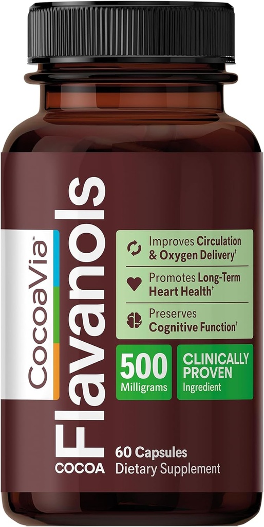 CocoaVia Heart & Brain Addition, 30 Diena, Kakavos skonio ekstraktas, Atmintis ir cirkuliacija Booster, azoto oksidas, Boost Oxygen & Energy, Augalų pagrindo, Gluten Free, Vegan, 60 Kapsules