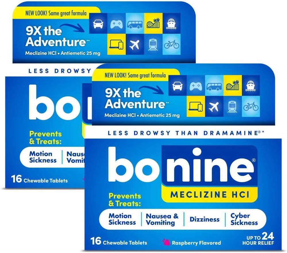 Bonine Non-Drowsy Motion Life Relief - 32 Kramtomosios tabletės su Meclizine HCL 25mg - Ne Drowsy Medicina Pykinimas ar judesio liga - Kruizinių pagrindai - Aviečių skonio