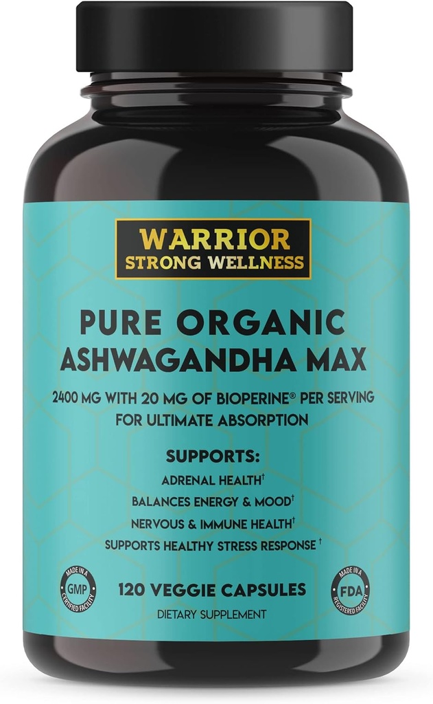 Pure Organic Ashwagandha Capsules with Bioperine - 2400 mg - 120 Capsules - Sveikos įtampos atsakas ir nuotaika, imuninė sveikata, geresnė miega