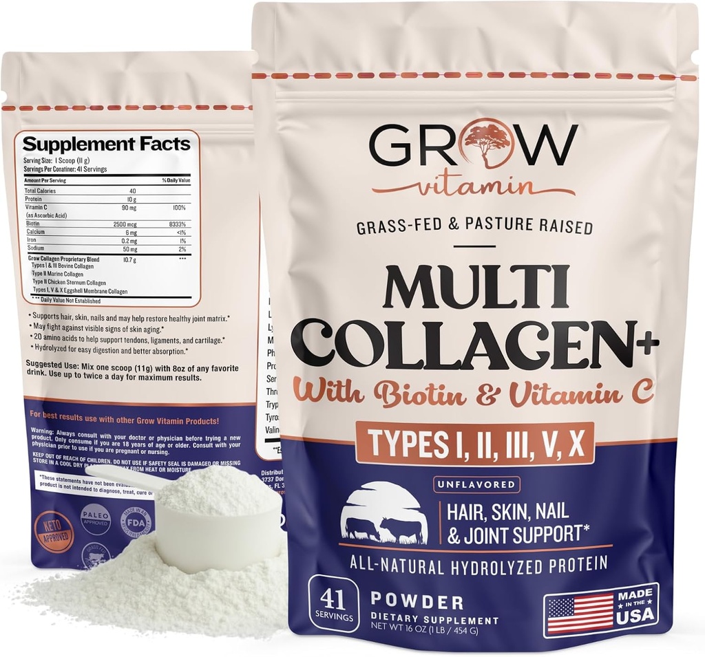 Collagen Multi Collagen milteliai moterims w / Types I, II, III, V & X - Keto Friendly, hidrolizuotas Collagen Peptides milteliai Blend w / Biotin & Vitaminas C, 41 Servings