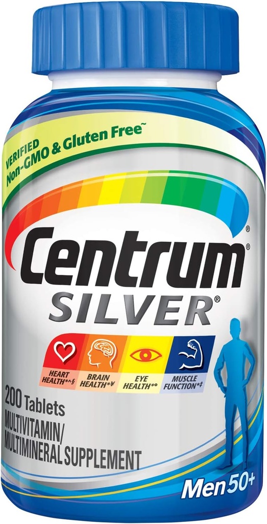 Centrum Silver Multivitaminas vyrams 50 plius, Multimineralinis papildas, vitaminas D3, bivitaminai ir cinkas, Gluten Free, Non GMO Ingredientai, Palaiko atmintį ir kognicija vyresnio amžiaus suaugusiems - 200 Ct