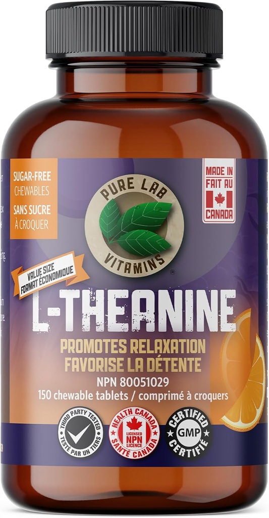 Pure Lab Vitaminai - L- Theanine 125mg, 150 Chewable tablečių - L- Theanine priedas prie skatinimo atsipalaiduoti, miego palaikymo, nuotaikos palaikymo, smegenų atminties ir fokusavimo priedas - Pagerina miego kokybę