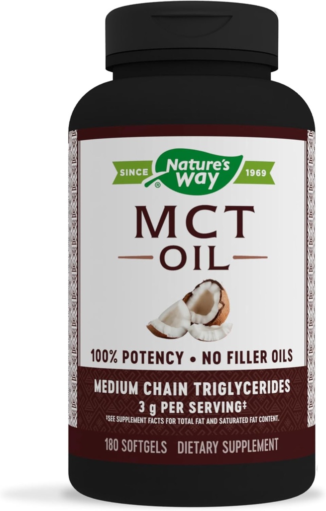 Nature's Way MCT Oil, Brain and Body Fuel from Coconuts*; Keto and Paleo Friendly, Organic, Gluten Free, 180 Softgels