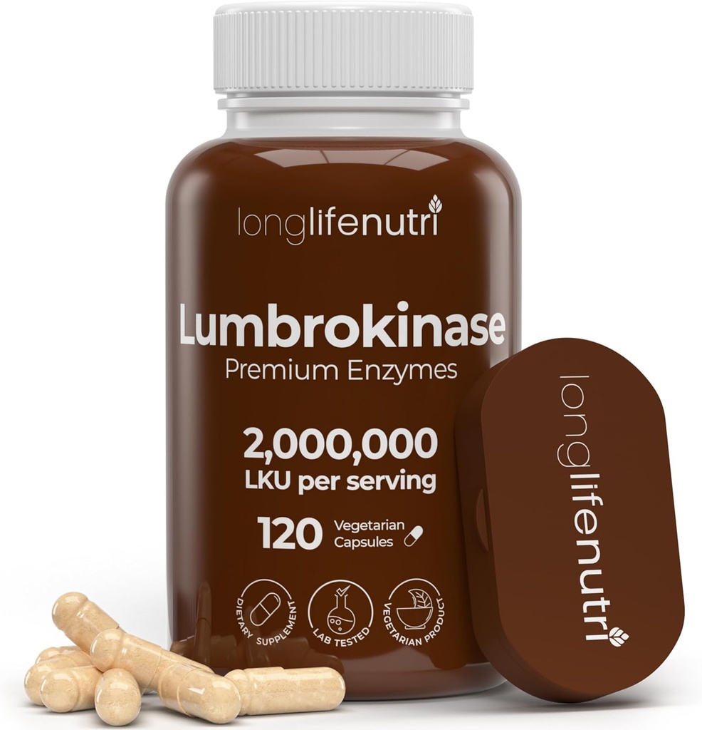 LongLifeNutri Lumbrokinase 100mg – Maximum Activity 2,000,000 Units Per Serving, 120 Vegetarian Capsules, 2-Month Supply, Natural Enzyme Supplement for Circulatory Health, Lab Tested, Made in USA