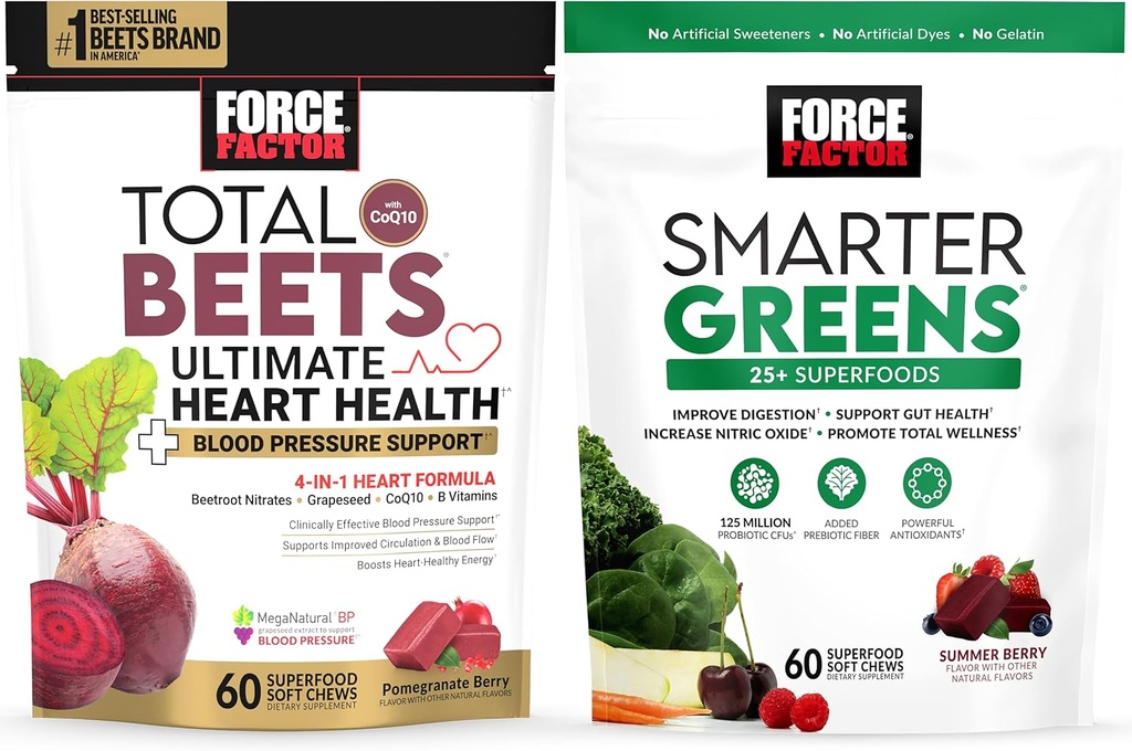 Bundle of Force Factor Total Beetts Ultimate Heart Health Blood Pressure Support Chews with CoQ10, 60 Soft Chews + Smarter Greens Superfood Chews, to Support Digestion, 60 Minkšti Chews