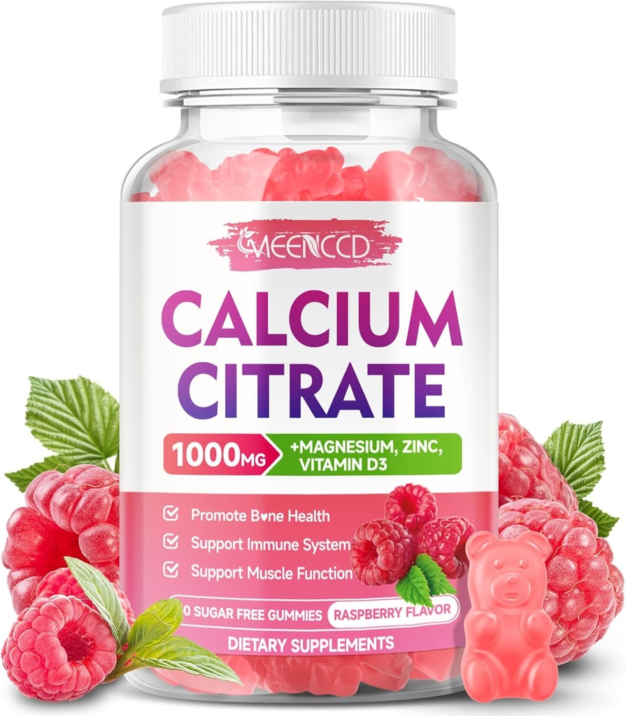 Kalcio citratas Gummies 1000mg w / Vitaminas D3, High Absorption Kalcio papildas moterims ir vyrams, plius magnis, Kalis, Cinkas raumenims ir imunizacijai, Sugarai nemokamai, Aviečių skonio, 60 Skaičiavimas