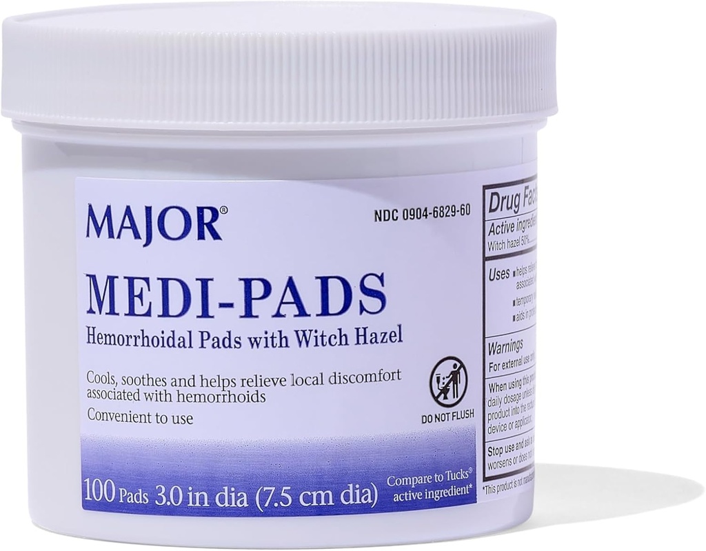 MAJOR Medi-Pads - Hemorrhoidal Hygienic Cleansing Witch Hazel Pads - Cooling Relief with Aloe - 100 Count Jar (1 Pack)