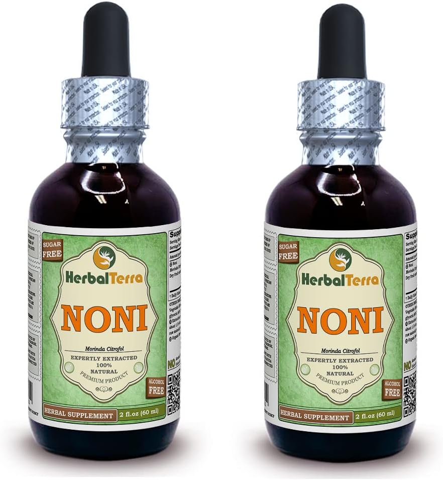 Noni (Morinda Citrofol) Glycerite, Organic Dried Fruits Alcohol-Free Liquid Extract (Brand Name: HerbalTerra, Proudly Made in USA) 2x2 fl.oz (2x60 ml)