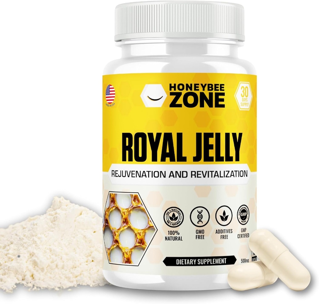 Royal Jelly Capsules – 500 mg Energy, Glowing Skin and Brain Booster Supplement | Non-GMO, Gluten-Free, 60 Easy-to-Swallow Veggie Capsules