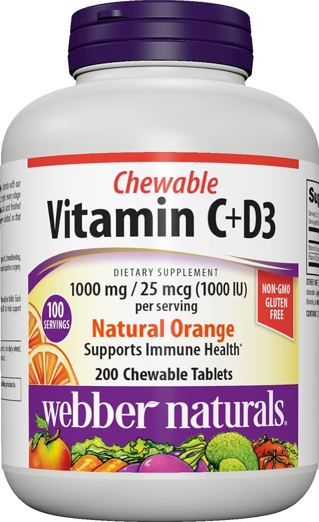 Webber Naturals Vitamin C+D3, 200 Chewable Orange Tablets, 1000 mg of Vitamin C with 1000 IU of Vitamin D3 Per Serving, Bones, Teeth, Immune and Antioxidant Support, Non GMO, Dairy & Gluten Free