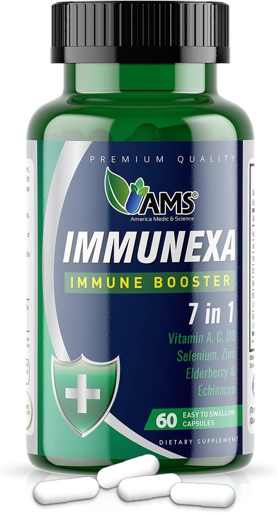 Amerika Medic & Science Immunexa 7 in 1 Immunal Support Booster (60 Capsules) su vitaminu A, C, D, Cinko, Echinacea, Elderberry Indonesi124; Suaugusieji Imuniteto sustiprinimas papildas 124; Natūralus, Ne GMO & Gluten- Free