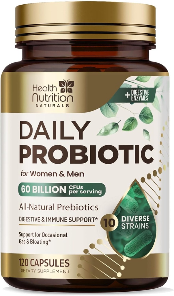 Probiotikai 60 Billion KSV + 10 Trans - Kasdien Probiotiniai Lactobacillus Blend imuninei, Digestive & Gut Health Support, Prebiotics and Probiotics, Gas & Bloating for Women & Men - 120 Capsules