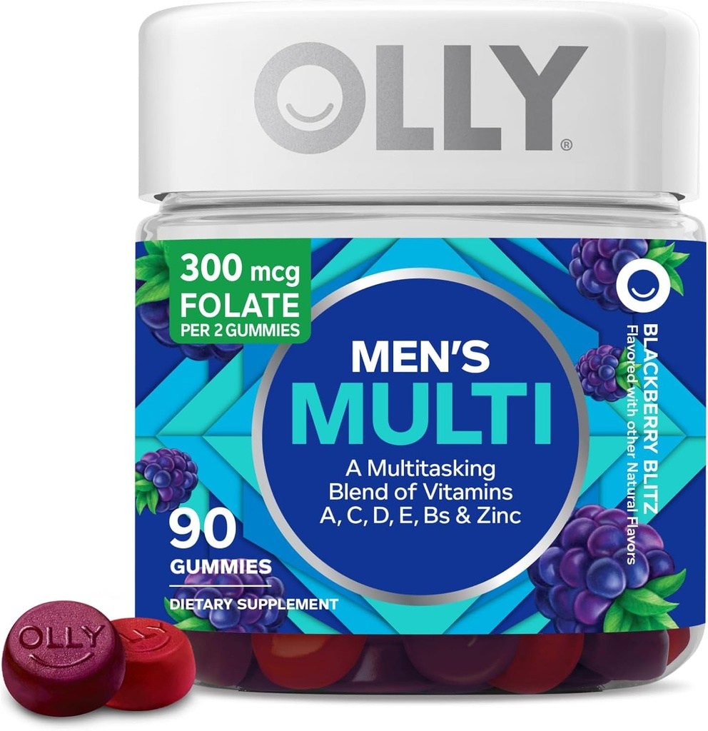 OLLY Men's Multivitamin Gummy, Vitamins A, C, D, E, B, Zinc, Blackberry Flavor, 45 Day Supply - 90 Count