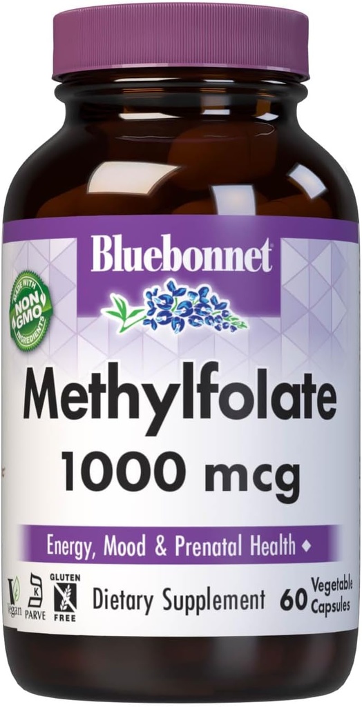 BlueBonnet Nutrition Metilfolate 1000 mcg, for Energy, Mood, and Prenatal Health *, Non- GMO, Vegan, Kosher Certified, Gluten- free, 60 Daržovių kapsulės, 60 Servings