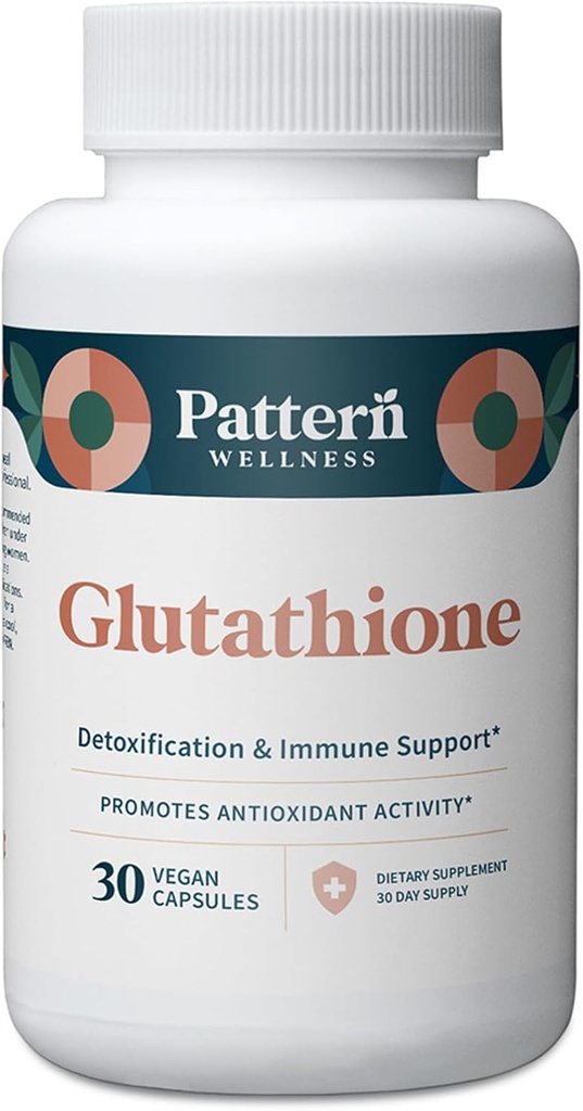 Pattern Wellness Glutatione priedas - Aktyvus sumažintas Glutatione formulė su pridėtu vitamino C - Cell, Antioksidantas, + Imuninė sveikatos parama - 30 Vegan kapsulės