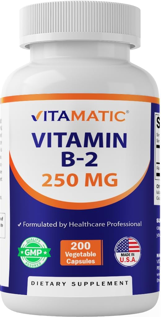 Vitamatic Vitamin B2 (Riboflavin) 250 mg - 200 Capsules Support Cellular Energy & Red Blood Cell Production