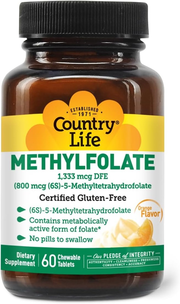 Country Life Metilfolate Chewable Tablets - Metably Active Folate - Great Tasting Orange Schior - Gluten-free - Smooth Melts - Vegan B12 - Moterų vitaminai - Dienos priedas - 60 tablečių