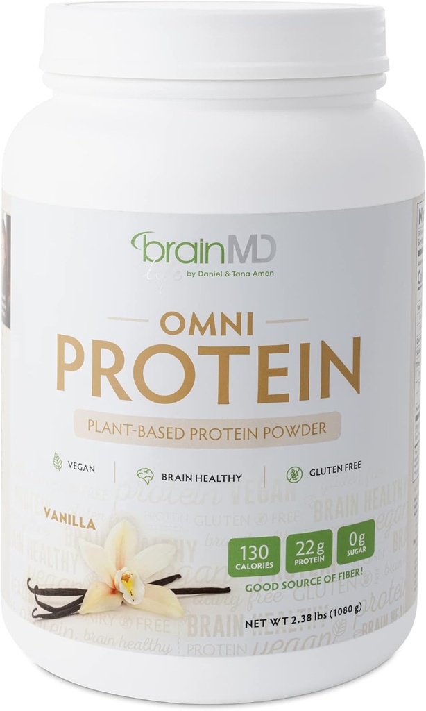 BRAINMD Dr Amen Omni proteinas Vanilla - 2.38 lbs - Planetų pagrindu pagamintų baltymų milteliai - Skatina energijos ir pratimų atkūrimas - Veganas, Vegetaras, Cukrus nemokamai, Gluten Free - 30 Paslaugos