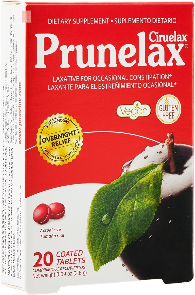 Prunelax Ciruelax Reguliarus stiprumas Laksative Mini tabletės - Naktinis palengvėjimas retkarčiais vidurių užkietėjimas, Senna ekstraktas, Vegan & nemokamai, Švelnus palengvėjimas - 20ct
