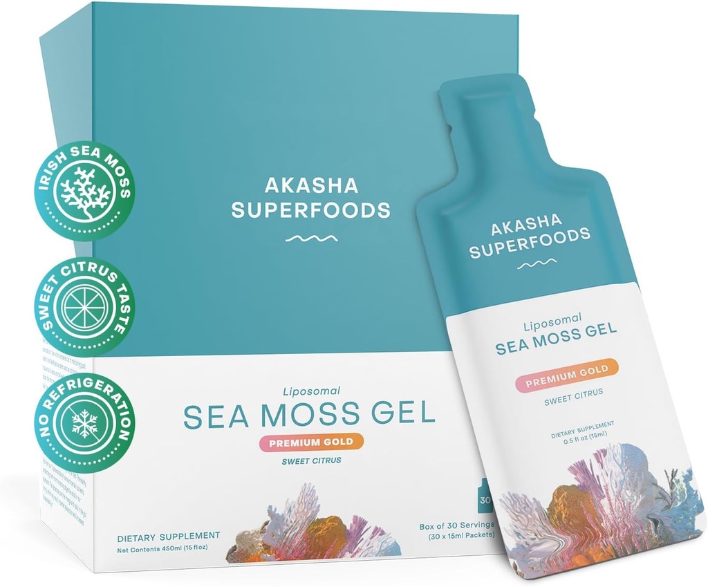 Akasha Superfoods Irish Sea Moss Gel, Liposomal Seamoss with Irish Sea Moss, Vitaminas E, Citrus, Organic Vanilla, Glicerinas, oda, Energija & gut Health Support for Women & Men, Sweet Citrus Sfeor, 30 Ct