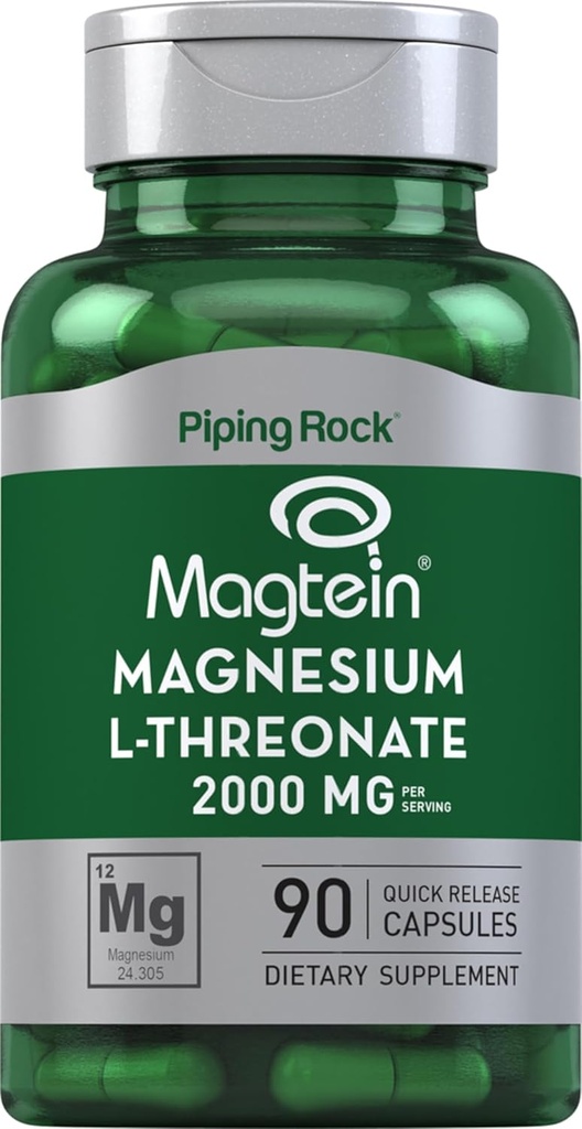 Piping Rock Magnis L-Threonate Capsules ® 124; 2000mg Ş124; 90 Lygtys ® 124; Magtein ® 124; Priedas vyrams ir moterims 124; Non- GMO, Gluten Free