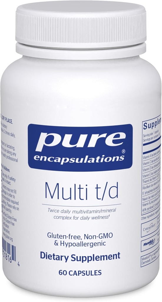 Pure Encapsulations Multi T / D - Multivitaminų ir mineralų papildai - Dienos sveikatingumui, širdies ir kraujagyslių ir imuninei sveikatai * - Turtingas vitaminais ir mineralais - Gluten Free & Vegetarian - 60 Kapsules