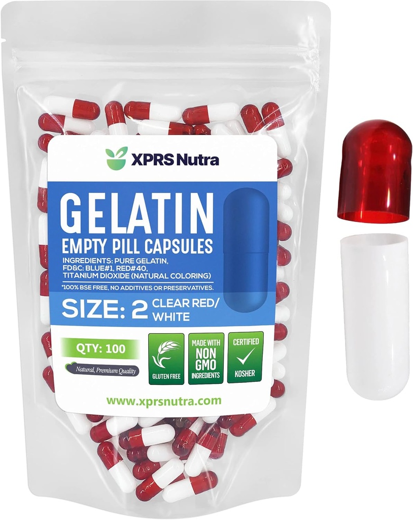 XPRS Nutra Size 2 Empty Capsules - 100 Count Empty Gelatin Capsules - Pills DIY Capsule Filling - Pure Bovine Pill Gel Caps for Do-It-Yourself Supplements (Clear Red/White)