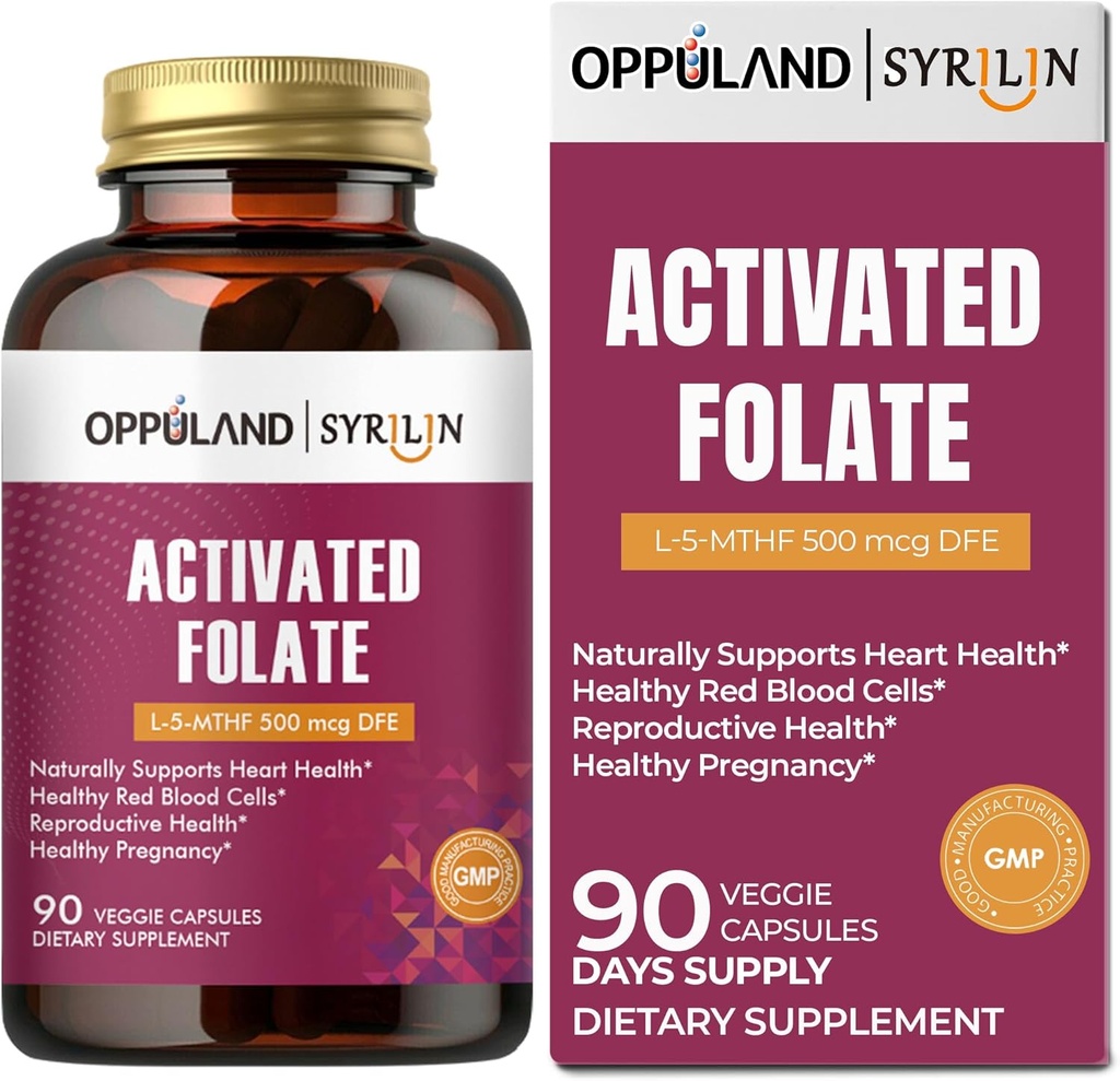 Aktyvintas Folate- L 5-MTHF DFE priedas - Metilfolatas B9 NTHF su vitaminu B12, CoQ10, & Raudona aviečių - Metilintas L- metilfolatas vyrams ir moterims - 500 µg - 90 Veggie kapsulės