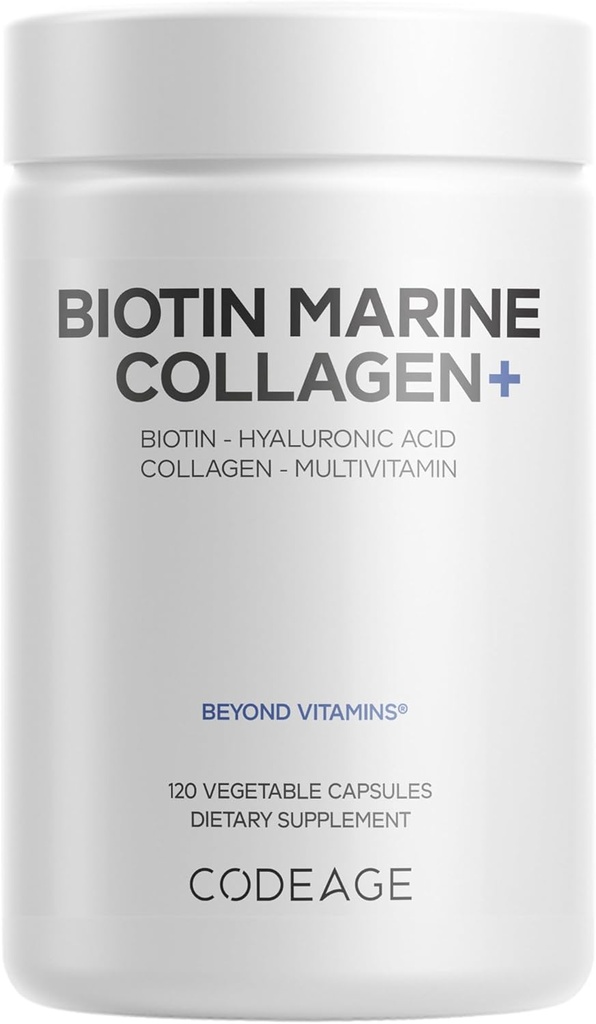 Codeage Biotin Marine Collagen Peptides - Wild- Caught Marine Collagen Types I & III, Biotin, Vitaminai C & E, Hyaluronic Acid, Amino rūgštys, Vaisiai ir žolių mišiniai, Non- GMO - 120 kapsulių