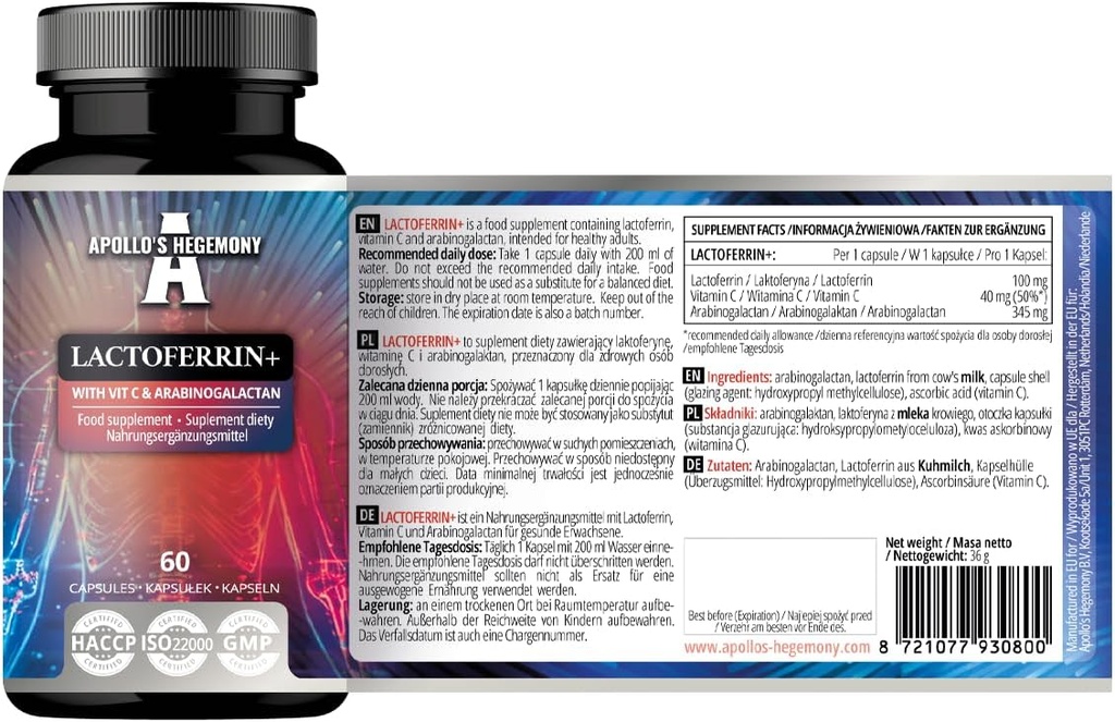 APOLLO 'S HEGEMONY Lactoferrin + 100 mg - su vitaminu C ir arabinogalaktanu - 60 Vegano kapsulių - 2 mėnesių tiekimas - sustiprintam imunitetui ir geležies absorbcijai