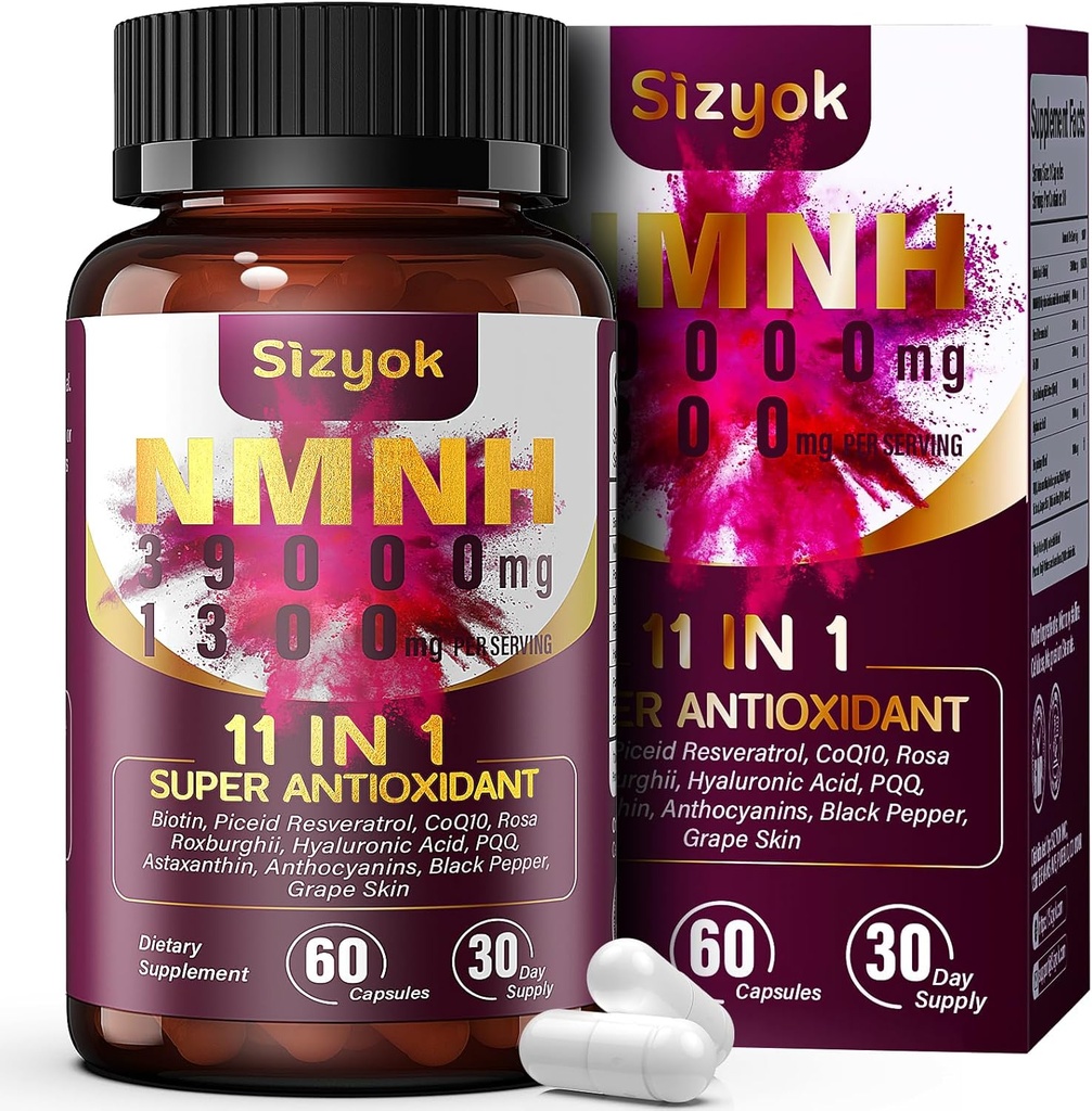 11-in-1 NMNH (Dihidronikotinamido mononukleotido), 600 mg vienam serviniam, NAD + priedas su Resveratrol, CoQ10, siekiant palaikyti NAD + Anti-senėjimo lygiai, NMNH priedas, 60 Count, 30 dienų tiekimas -65