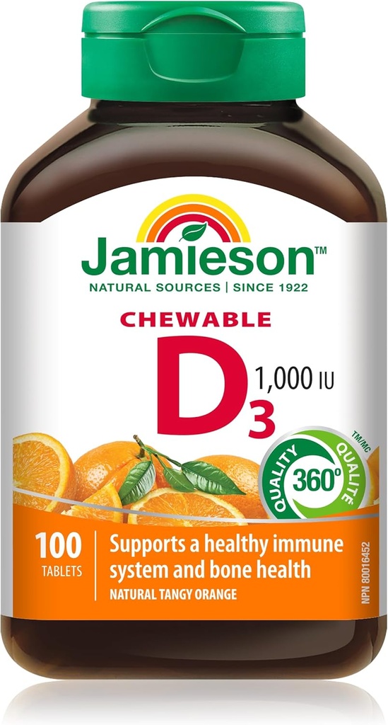 Jamieson Natural Tangy Orange Chewable Vitamin D 1000IU 100 tablets
