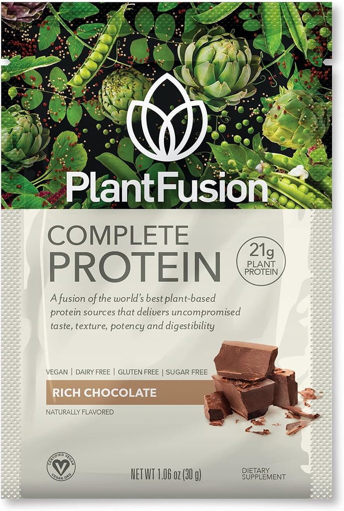 PlantFusion Complete Vegan proteino milteliai - Augalu pagrįsti baltymų milteliai su BCAA, virškinamojo fermentų ir pea baltymų - Keto, Gluten Free, Sojų Free, Non-Dairy, No Sugar, Non-GMO - Šokolado pakuotė iš 12