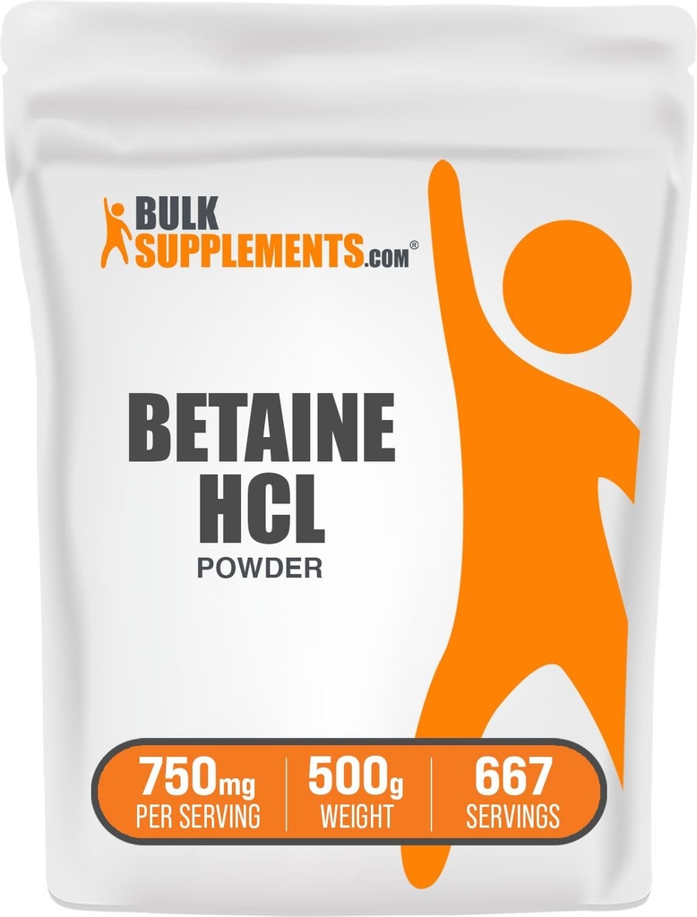 BulkSupplemen.com Betaine HCl Milteliai - Betaine Hydrochloride Addition, Digistive Support - Gluten Free, 750mg per Serving, 500g (1,1 lbs) (Pakuotėje yra 1)