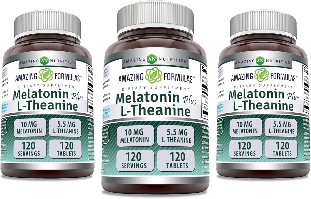 Nuostabi formulė Melatoninas 10 Mg Plus L- Theanine 5.5 Mg Priedas - 124; 120 tablečių - 124; ne GMO - 124; Gluten Free 124; Pagaminta JAV, 124; pakuotėje po 3