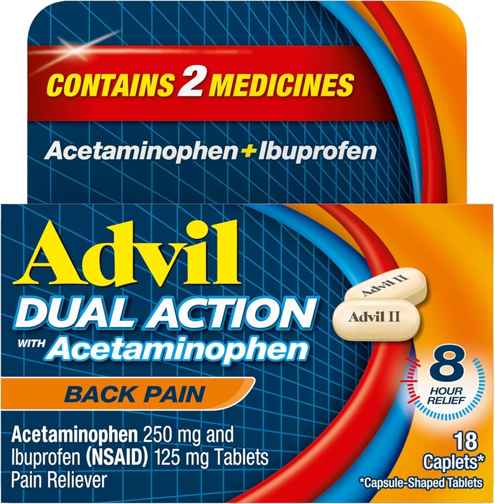 Advil Dual Action Nugaros skausmo kapsulės 250 mg ibuprofeno ir 500 mg acetaminofeno dozė 8 valandas nugaros skausmo malšinimo - 18 Skaičiavimas