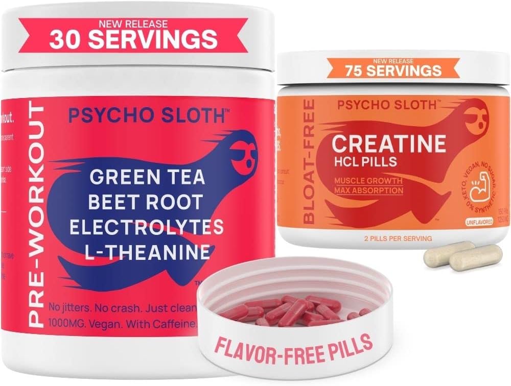 Pre Workout Pills and Creatine HCL Pills Bundle - Begalė energija, raumenų augimas, ištvermės, siurblys, No Crash, No Juniters, No Bloat ® 124; 30 Pre Workout Servings, 75 Creatine HCL Paslaugos moterims ir vyrams