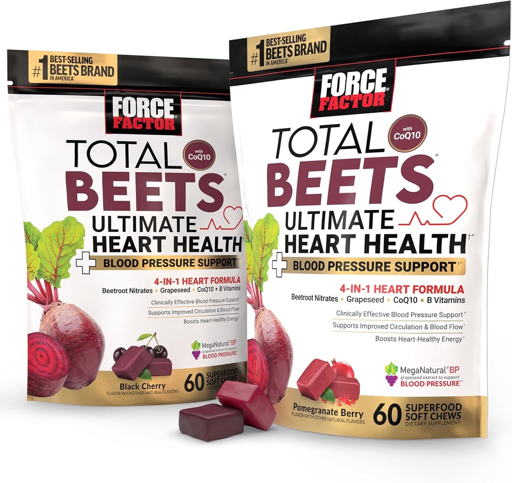 Force Factor Bundle Total Beets Ultimate Heart Health Blood Conpression Chews with CoQ10, Beet Root Mills, Vynuogių sėklų ekstraktas, Kraujo slėgio priedas cirkuliacijai ir kraujo srautui, 120 Minkštas