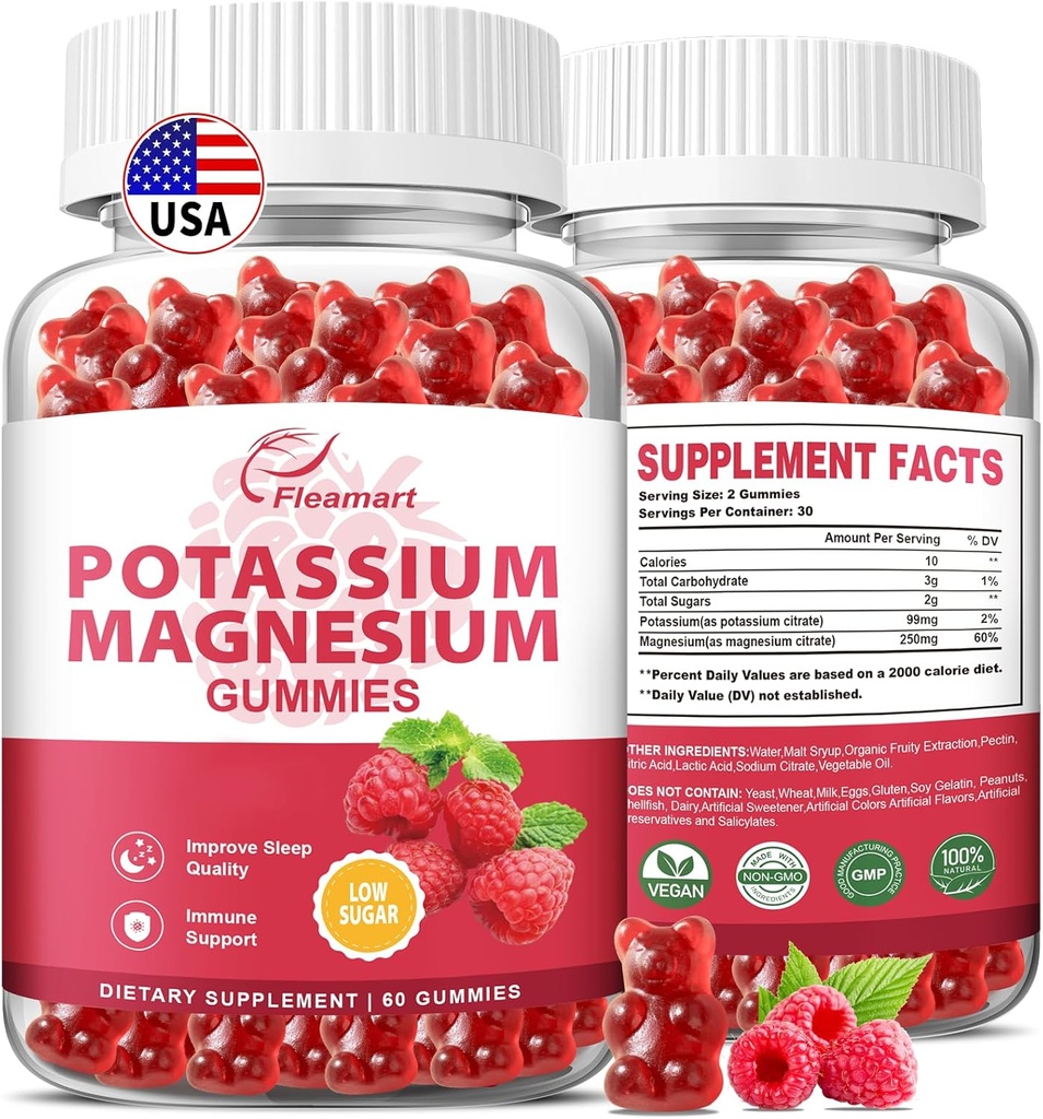 Kalis Magnio Gummies Kalio citratas 99mg Magnio citratas 250mg Magnio kalio komplekso papildas, Imuninė parama, 60 Aviečių Gummies 2 Pack