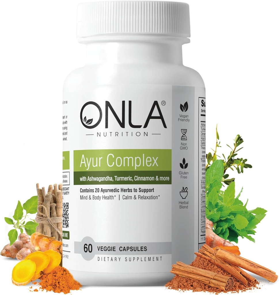 ONLA Vegan Ayurveda žoliniai papildai (20- in-1 Žolinių kapsulės) - turmerijos papildai su Ashwagandha, Cinnamon, Triphala, Brahmi - Natūralūs ingredientai, Žolinių energijos papildai (60 Cap)