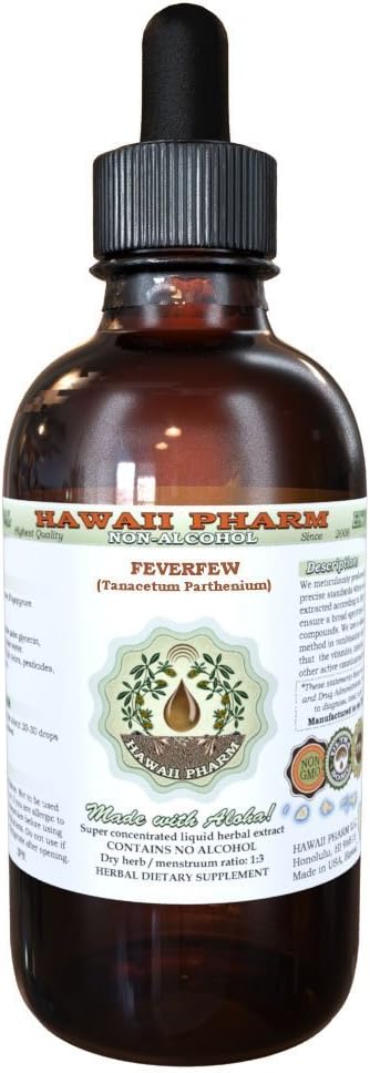 Feverfew Alcohol-Free Liquid Extract, Organic Feverfew (Tanacetum parthenium) Dried Herb Glycerite Hawaii Pharm Natural Herbal Supplement 4 oz