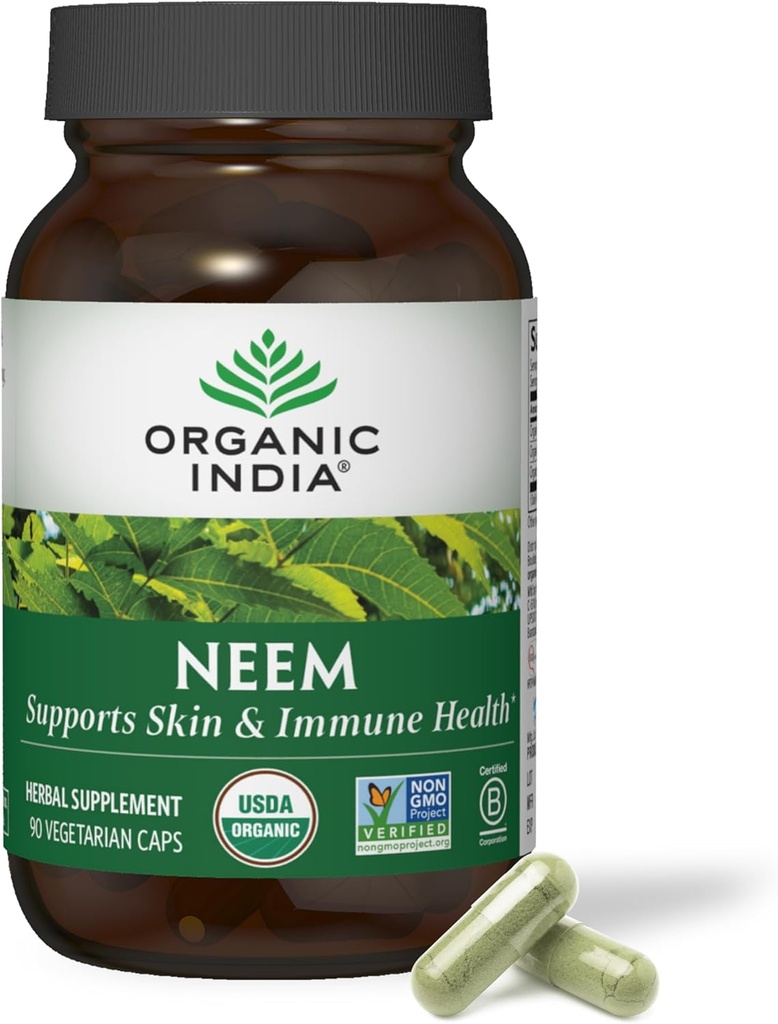 Organic INDIA Neem Leaf Capsules - Žolinių papildas, Palaiko odos & imuninę sveikatą, Veganas, Gluten Free, USDA Sertifikuotas Ekologiškas - 90 Count