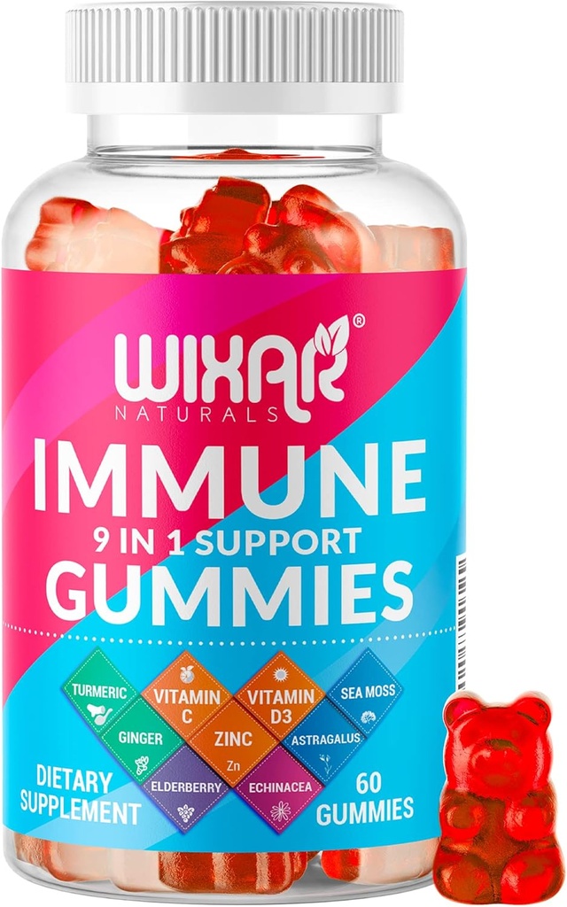 9 in 1 Imuninė parama Gummies su Elderberry, Vitaminas C & D, Cinkas, Turmerinis, imbieras, Echinacea, Astragalus & Jūros mozaikos imuniteto priedas - 60 Gummies