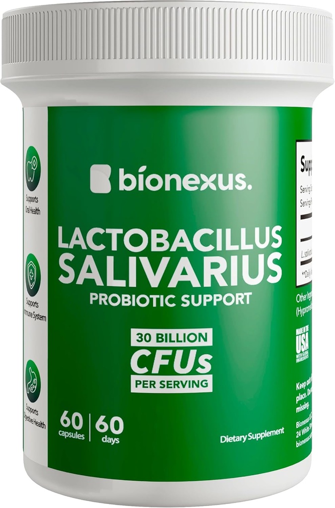 Bionexus ™ Lactobacillus Salivarius dietinis papildas - 60-Count, 30 Billion KSV Geriamosios probiotinės medžiagos Palaikymas, Oralinis ir Digestic Wellbee, Imuninis Boost - Pagaminta JAV, Delayed- Release Drakes ®