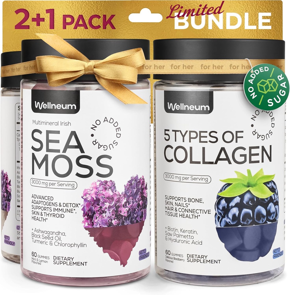 Collagen and Sea Moss Gummies Bundle - Collagen Peptides, Irish Sea Moss, Biotin, Keratino, Bladderwrack - Gummy Additive for Immunality, Detox, sveiki plaukai, oda ir nagų - vyrams ir moterims