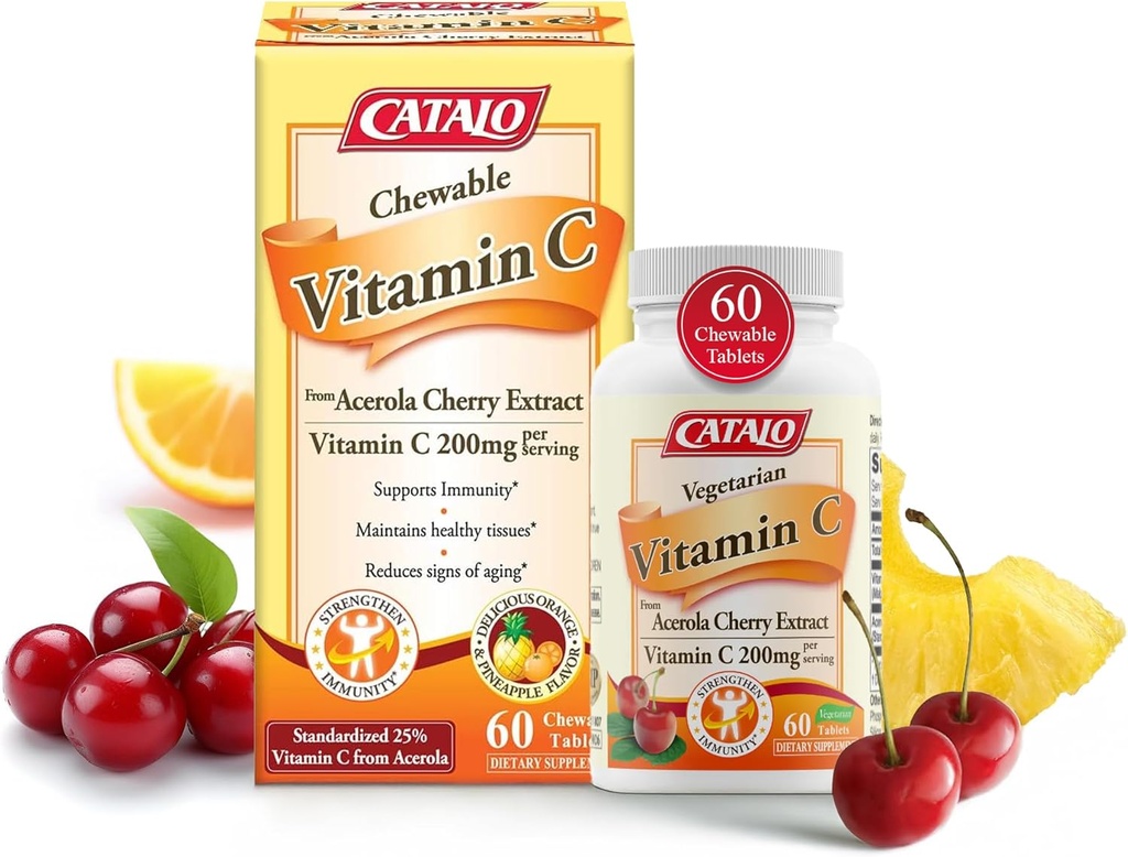 CATALO Vitaminas C Formulė - Acerola vyšnių ekstraktas, 200mg Vitaminas C per Tarnauti, odos atjauninimas, Kolagenas gamybos, Skanus apelsinų ir ananasų skonio, 60 Kramtomosios tabletės