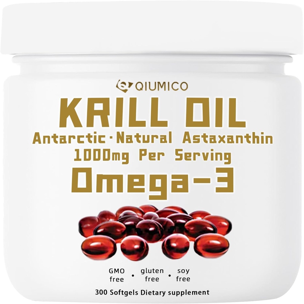 Antarkties krilių aliejaus papildas, turtingas Omega- 3s EPA, DHA & Astaxanthin, 1000mg per Serving, papildas širdies ir imuniteto, 300 Soft- Gels