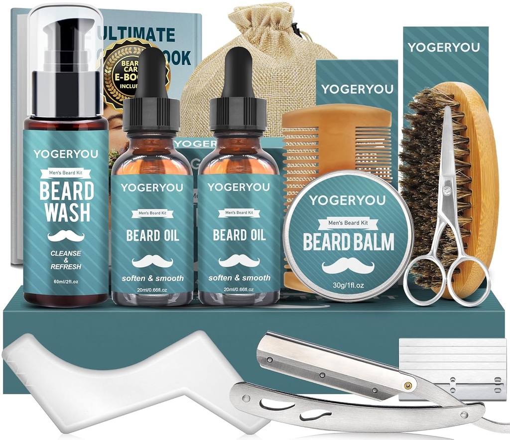 Beard Kit,Beard Grooming Kit for Men W/Straight Razor,2 PACK Beard Oil, Wash, Balm, Brush, Comb, Scissors Mens Birthday Christmas Gifts for Men Boyfriend Husband Beard Trimming Shaving Kit
